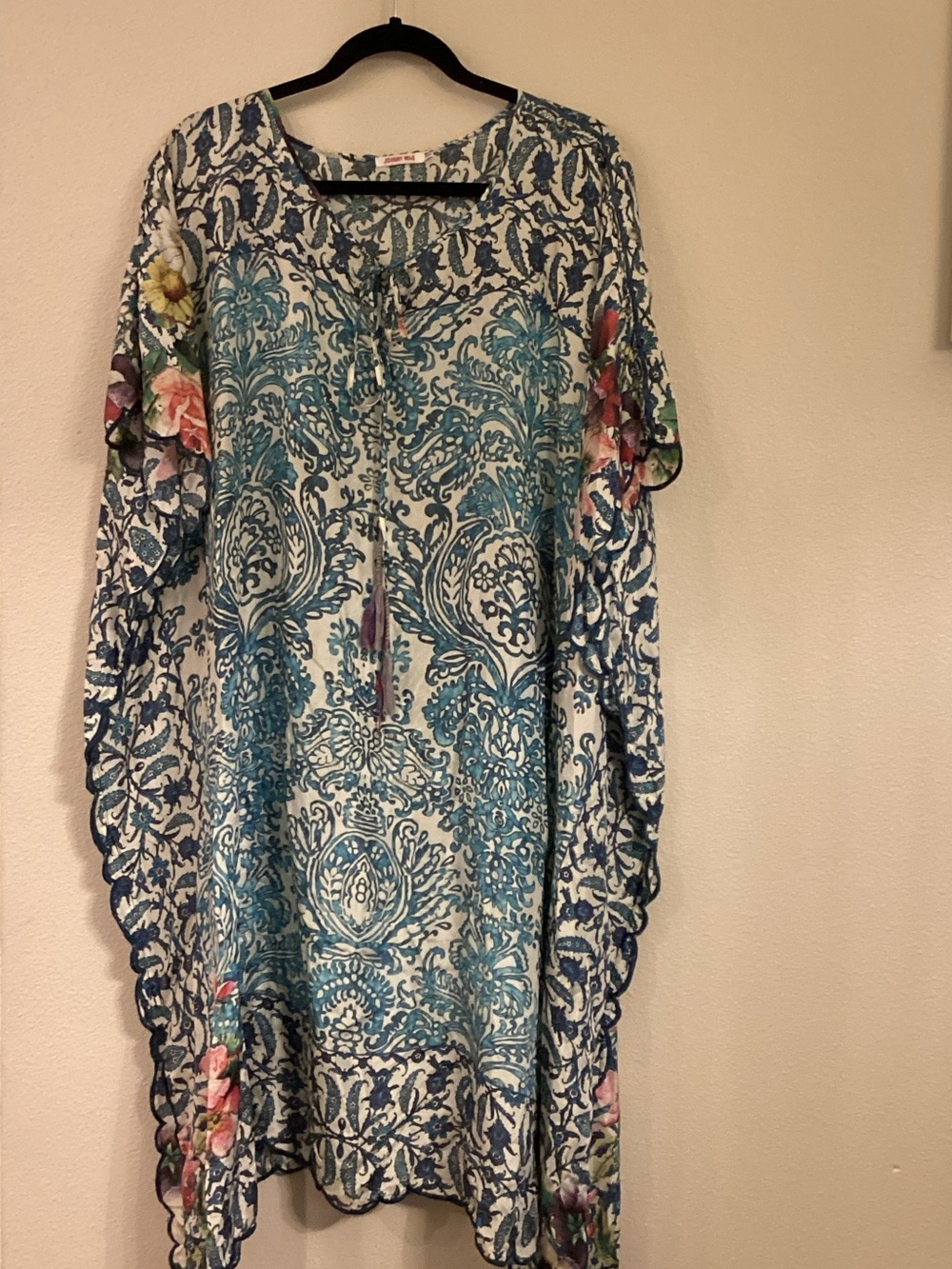Johnny Was Blue Paisley Floral-Trim Kaftan Tunic
